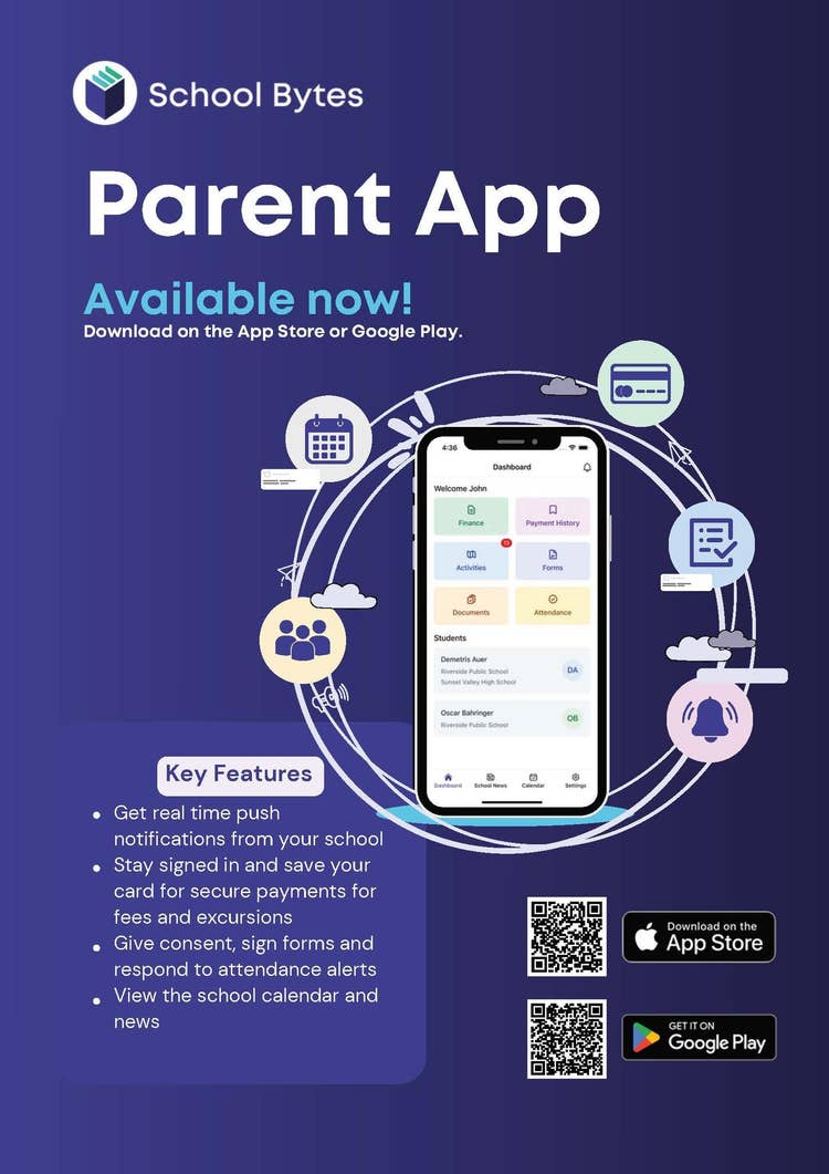May be an image of text that says 'School Bytes Parent App Available now! Download on the App Store or Google Play. U 器 -- 4:8 Dashboand WalcomeJeh Walcome P ฝ Peprrent PepnentHstery Activiśes CaBeR 보 ForTE DOGUANTAS 图 ၁ Ansaadance Studerts .